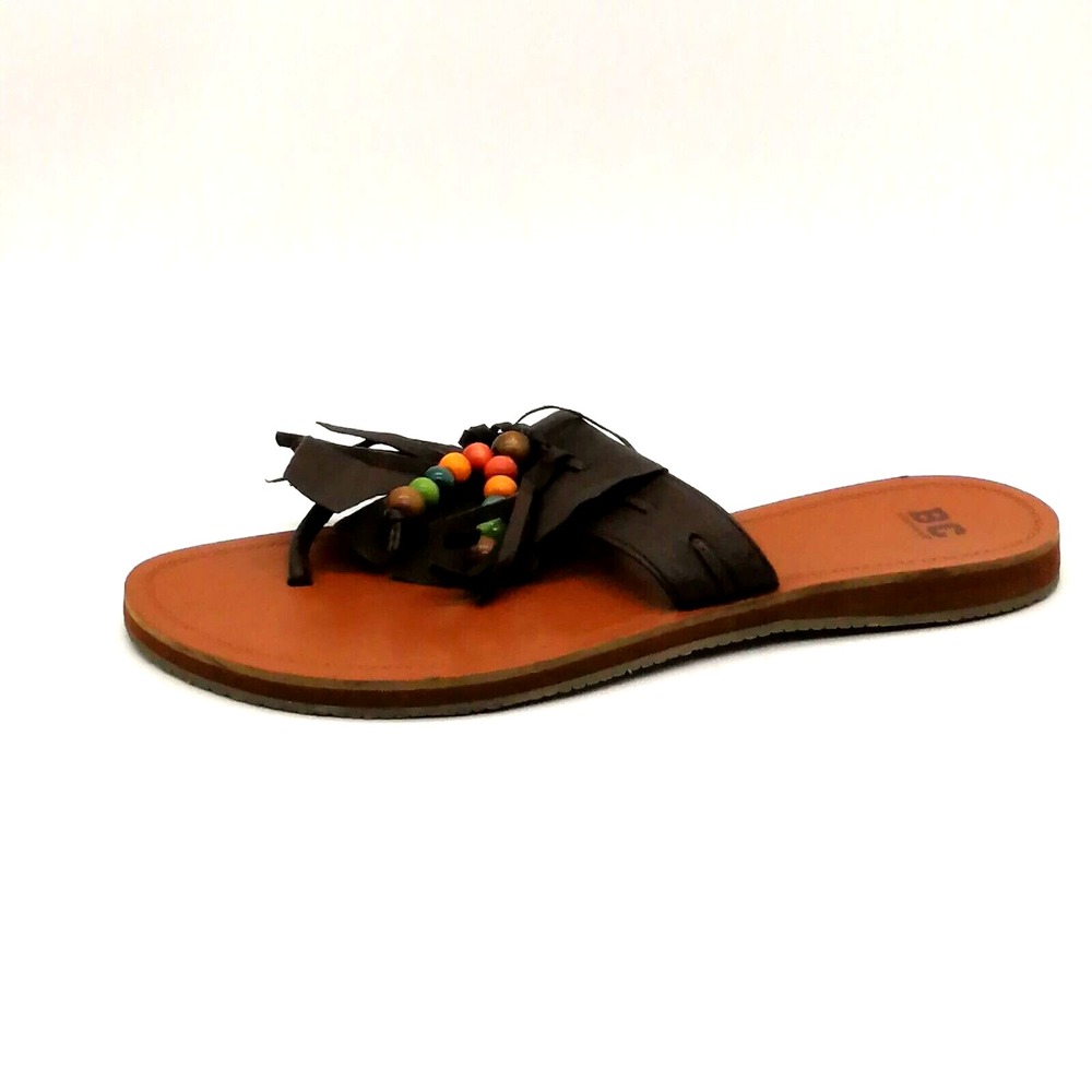 BC Footwear Shoe Womens Sandal Brown 9 Leather Thong Tassle Beaded Upper Flat